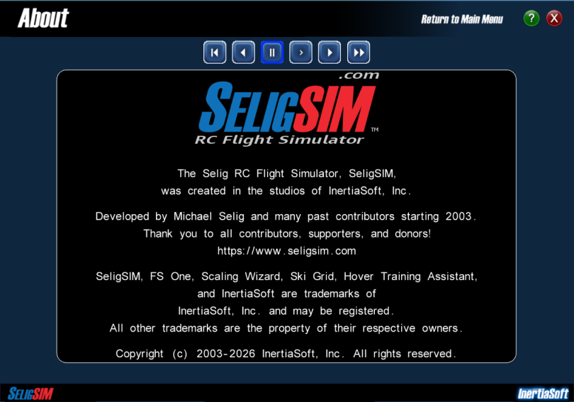 Image of credits page in SeligSIM.  This is called the about page.