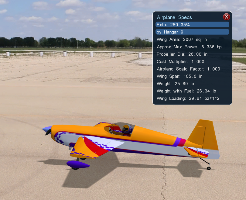 Image of the Airplane Specifications panel for the unscaled Extra 260.