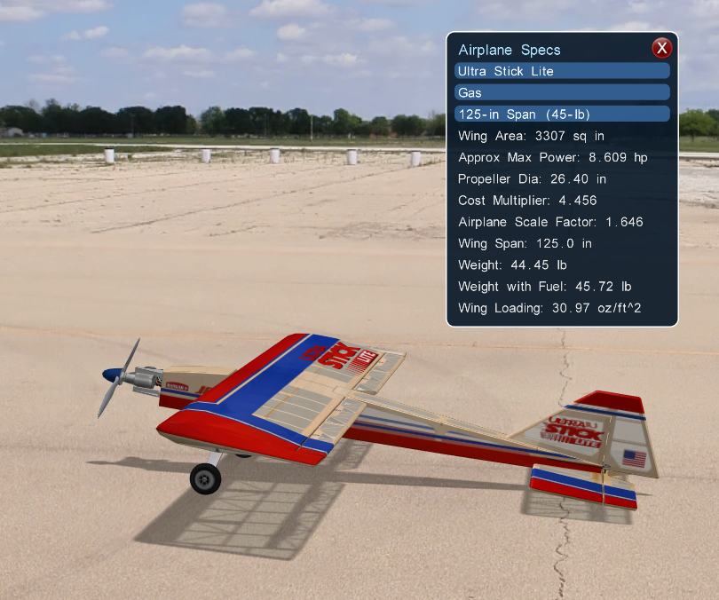 Image of the Airplane Specifications panel for a scaled-up Ultra Stick with an estimated cost 4.5 times the original scale.