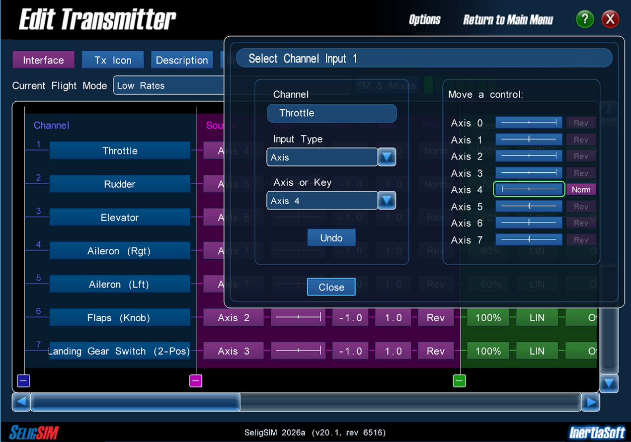 Image of the Select Channel Input picker in the Edit Transmitter window, with a live slider for each axis on the right.