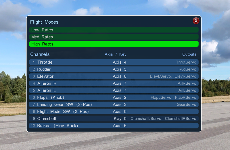 Image of the Flight Modes & Channels panel, each channel with its axis or key and its output servos.