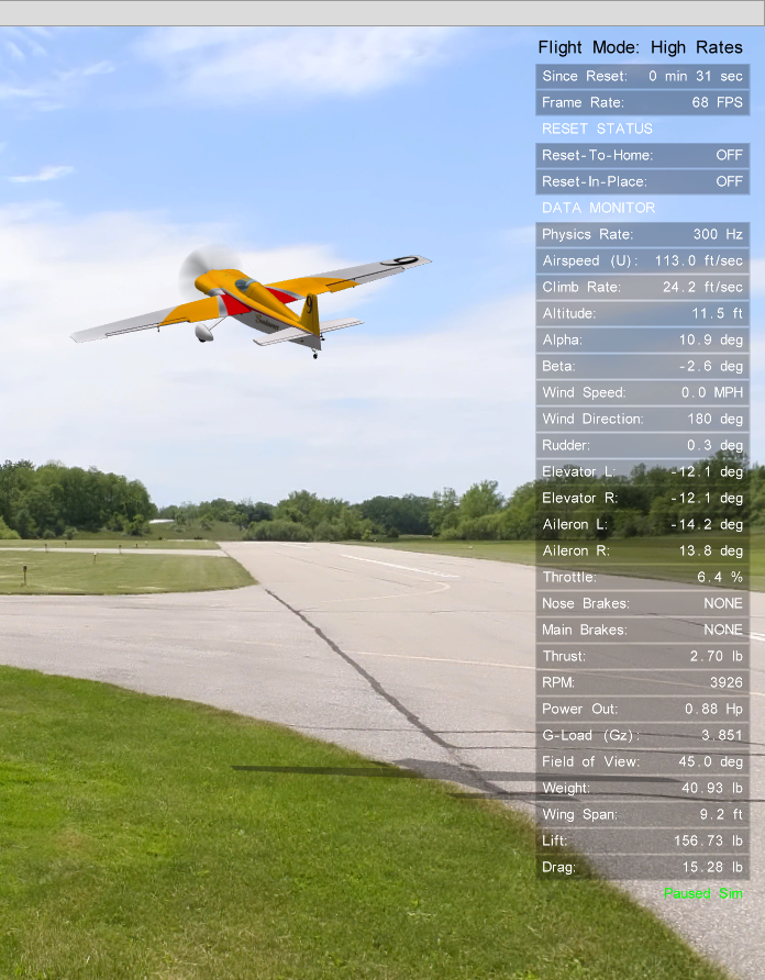 Image of the aligned right-edge panel with the Since Reset and Frame Rate rows, the Reset Status rows, and the Data Monitor rows led by Physics Rate, the Sundowner climbing out beside it.
