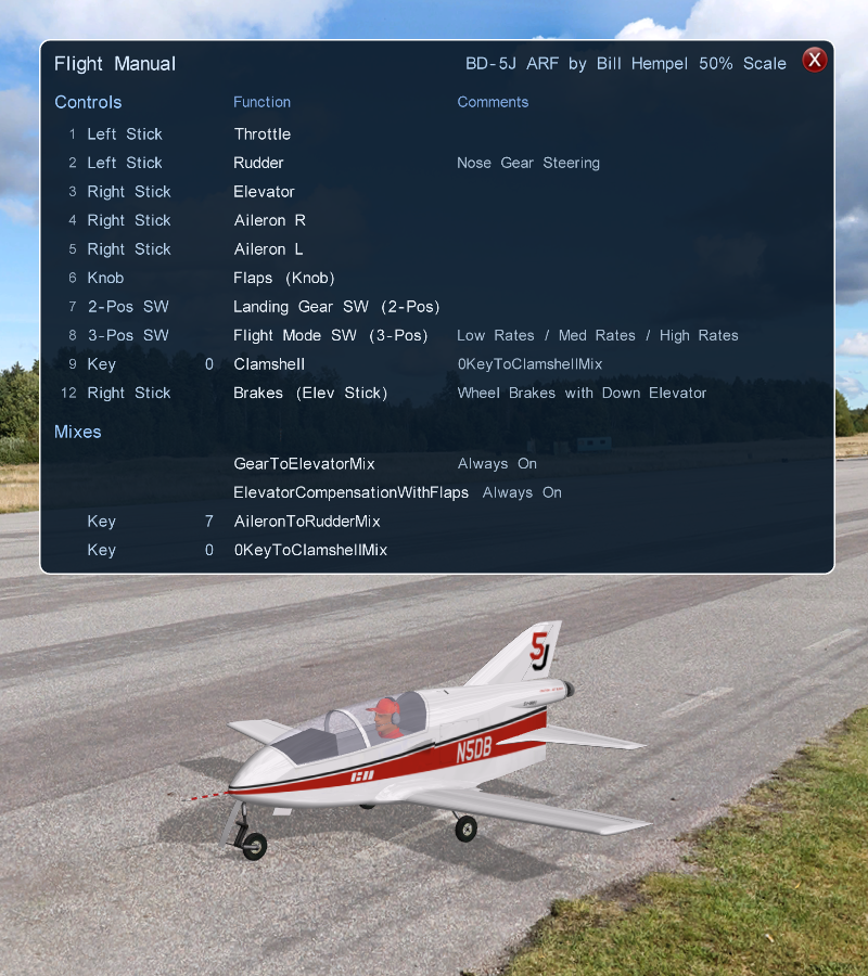 Image of the Flight Manual panel for the BD-5J, listing the controls by number with their function and comments, and the mixes below.