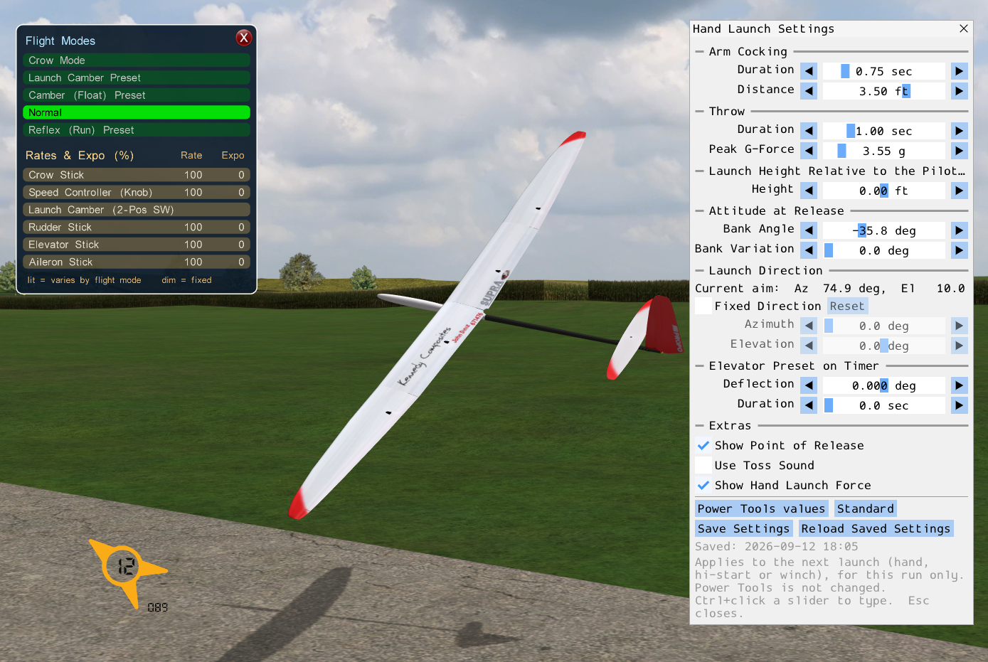 Image of the Hand Launch Settings window with the Supra sailplane set up for a left-bank hand launch.