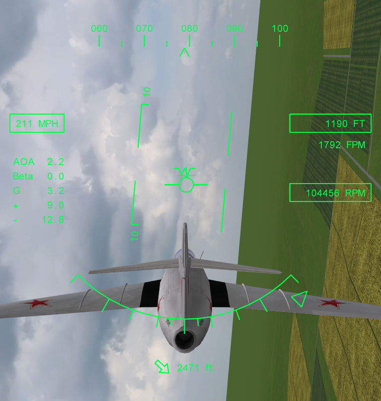 Image of a HUD in an F8 tail view of the MiG-15, with the green return-to-home arrow centered at the bottom.
