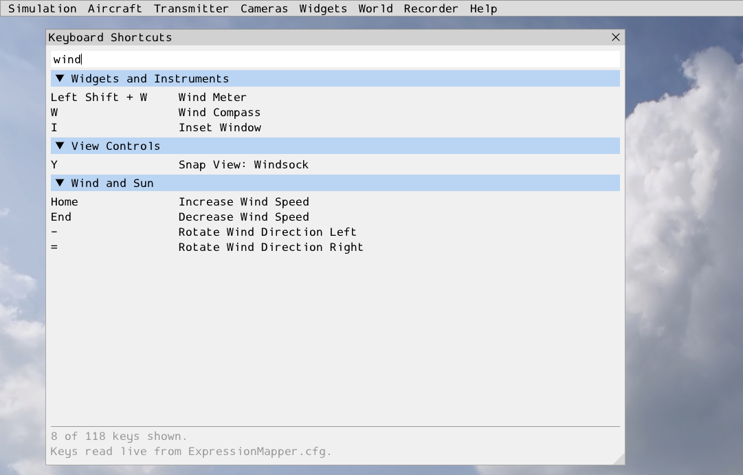 Image of the Keyboard Shortcuts window filtered by typing "wind".