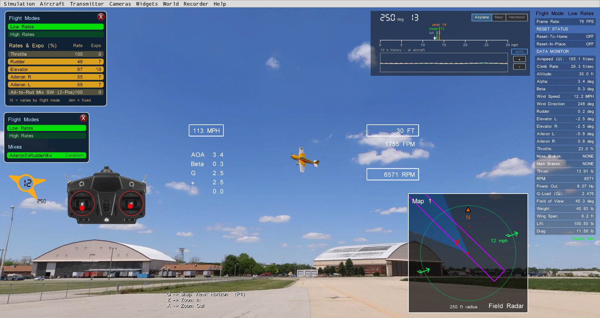 Image of many on-screen widgets and panels open at once in SeligSIM.