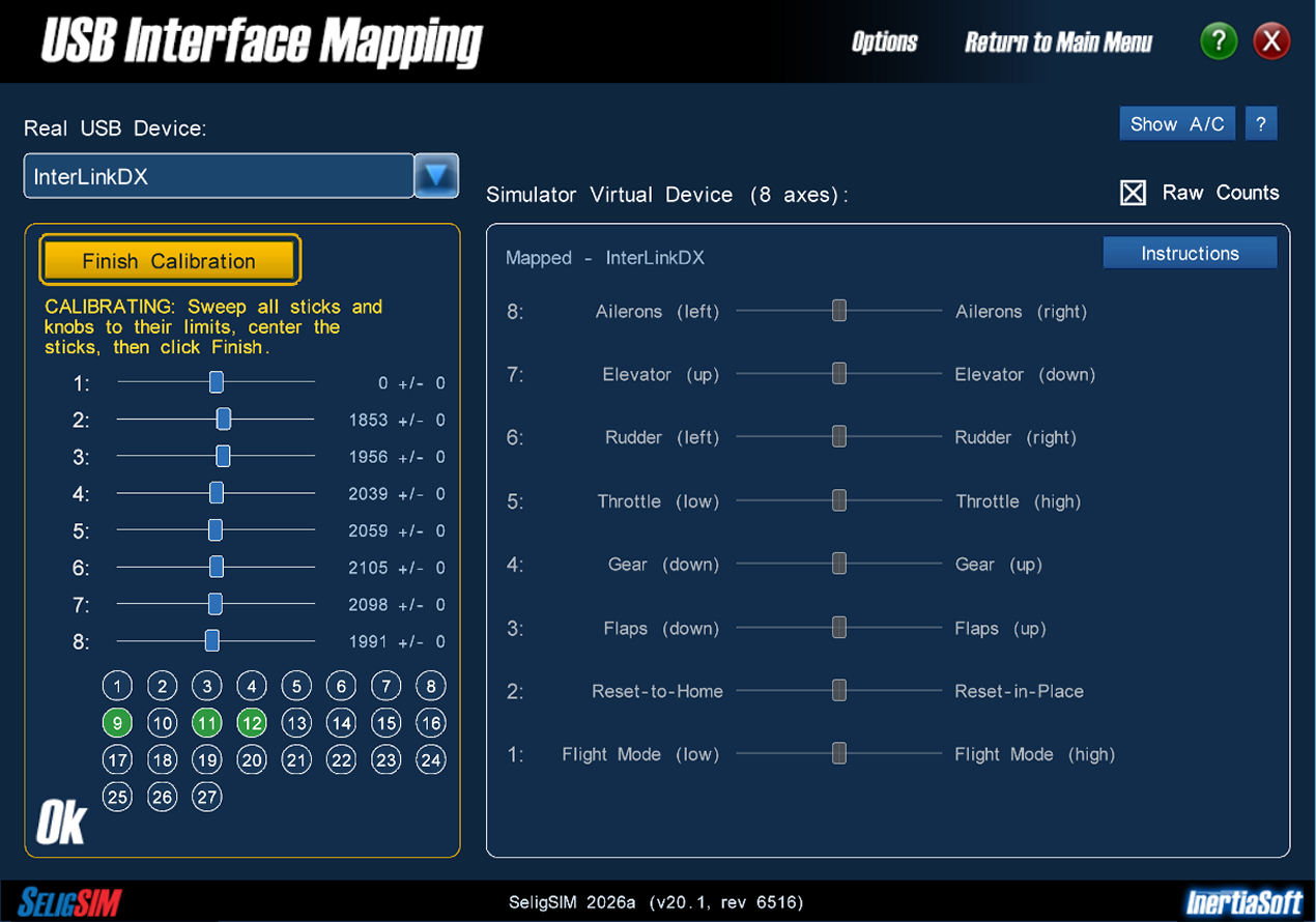 Image of the USB Interface Mapping window during a calibration sweep, before Finish is clicked.