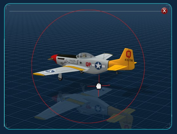 Image of the Show A/C pane in the USB Interface Mapping window, a 3D airplane responding to the mapped controls.