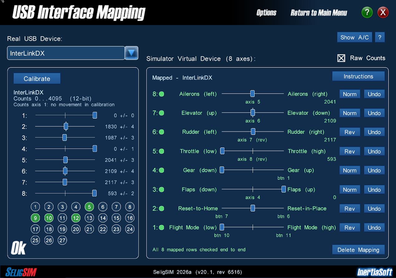 Image of the USB Interface Mapping window with an InterLink DX mapped to all eight axes.