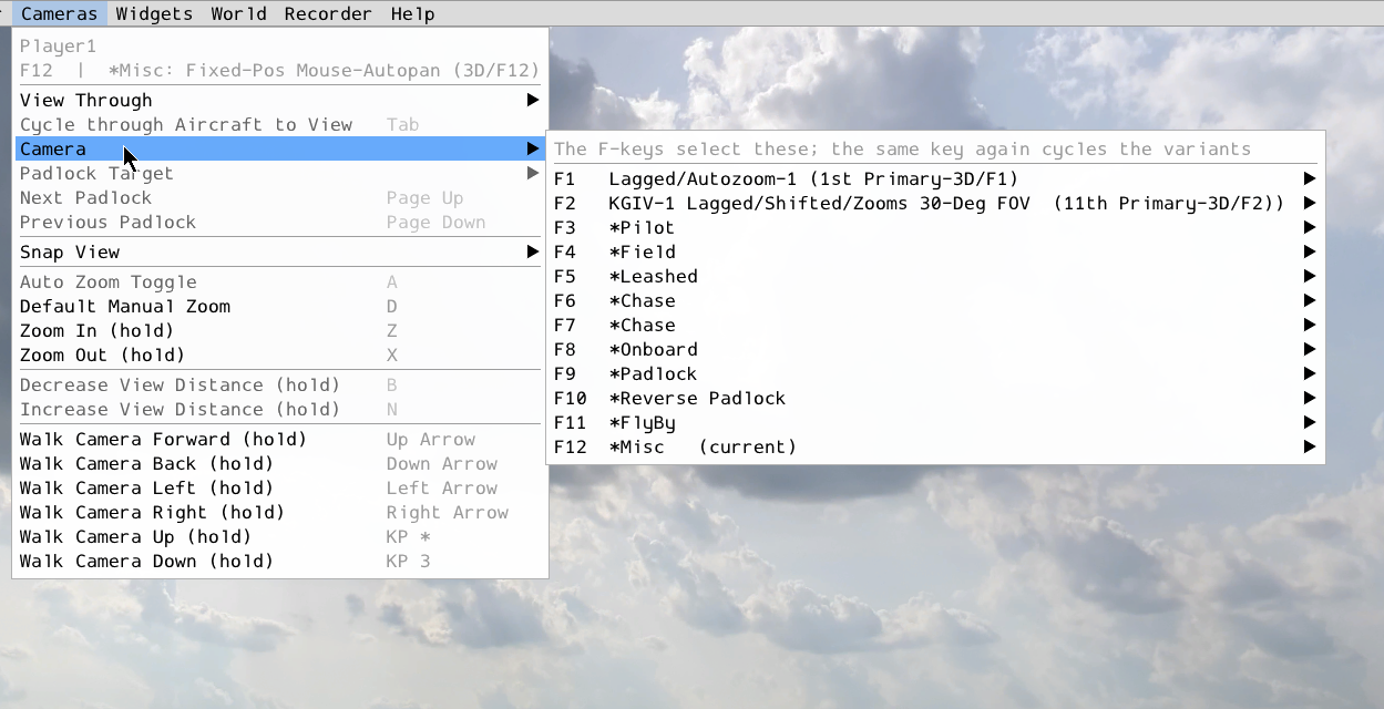 Image of the Cameras menu pulled down, with the Camera submenu listing the F1 to F12 groups and their live names.