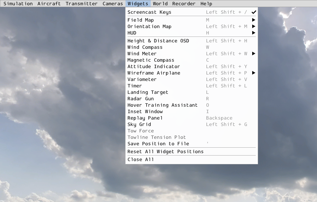 Image of the in-flight menu bar with the Widgets menu pulled down.