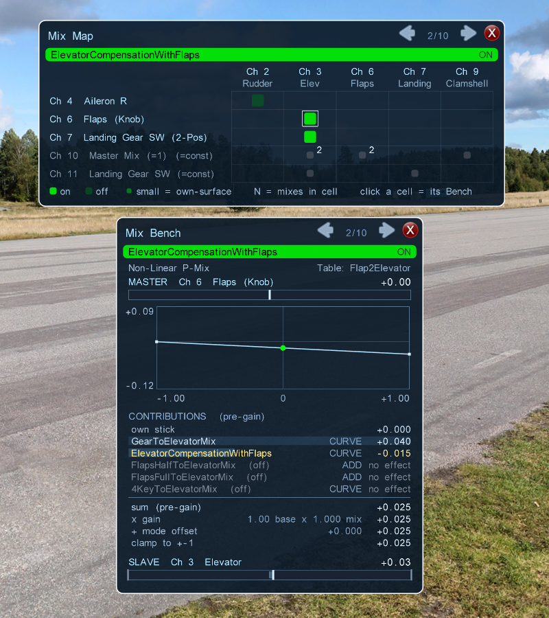 Image of the Mix Map on ElevatorCompensationWithFlaps with the Mix Bench for the same mix open below it.