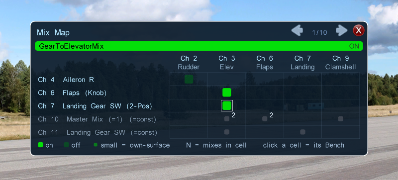 Image of the Mix Map grid for the BD-5J with GearToElevatorMix selected, mix 1 of 10.