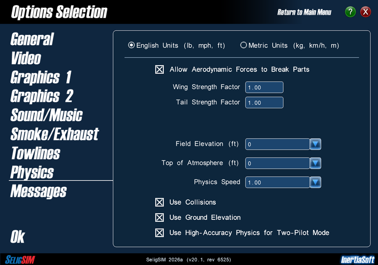 Image of the options physics settings, including the English / Metric units choice.