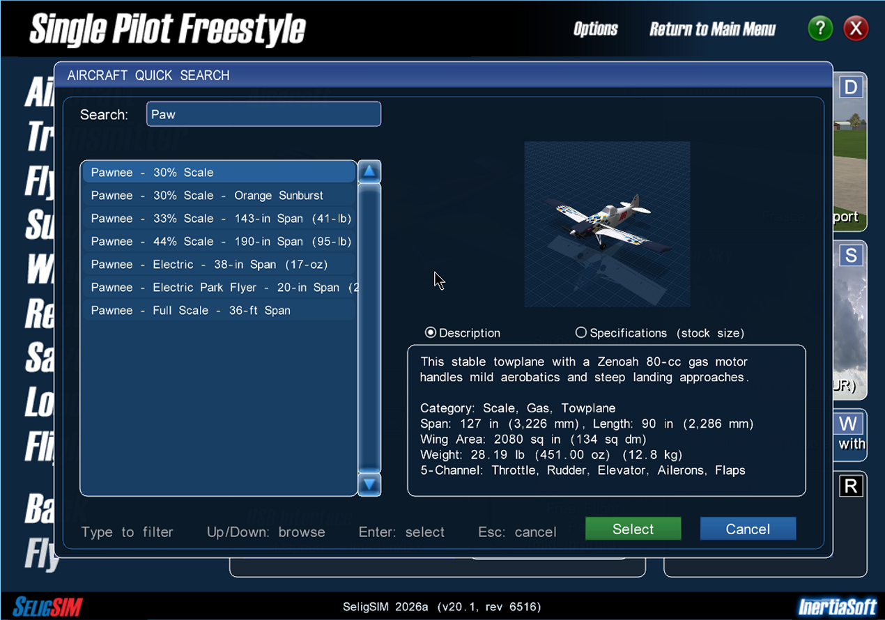 Image of the Aircraft Quick Search popup with "Paw" typed and the list narrowed to the Pawnees.