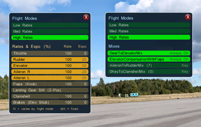 Image of the Flight Modes & Rates/Expos panel and the Flight Modes & Mixes panel side by side, with High Rates lit in both.