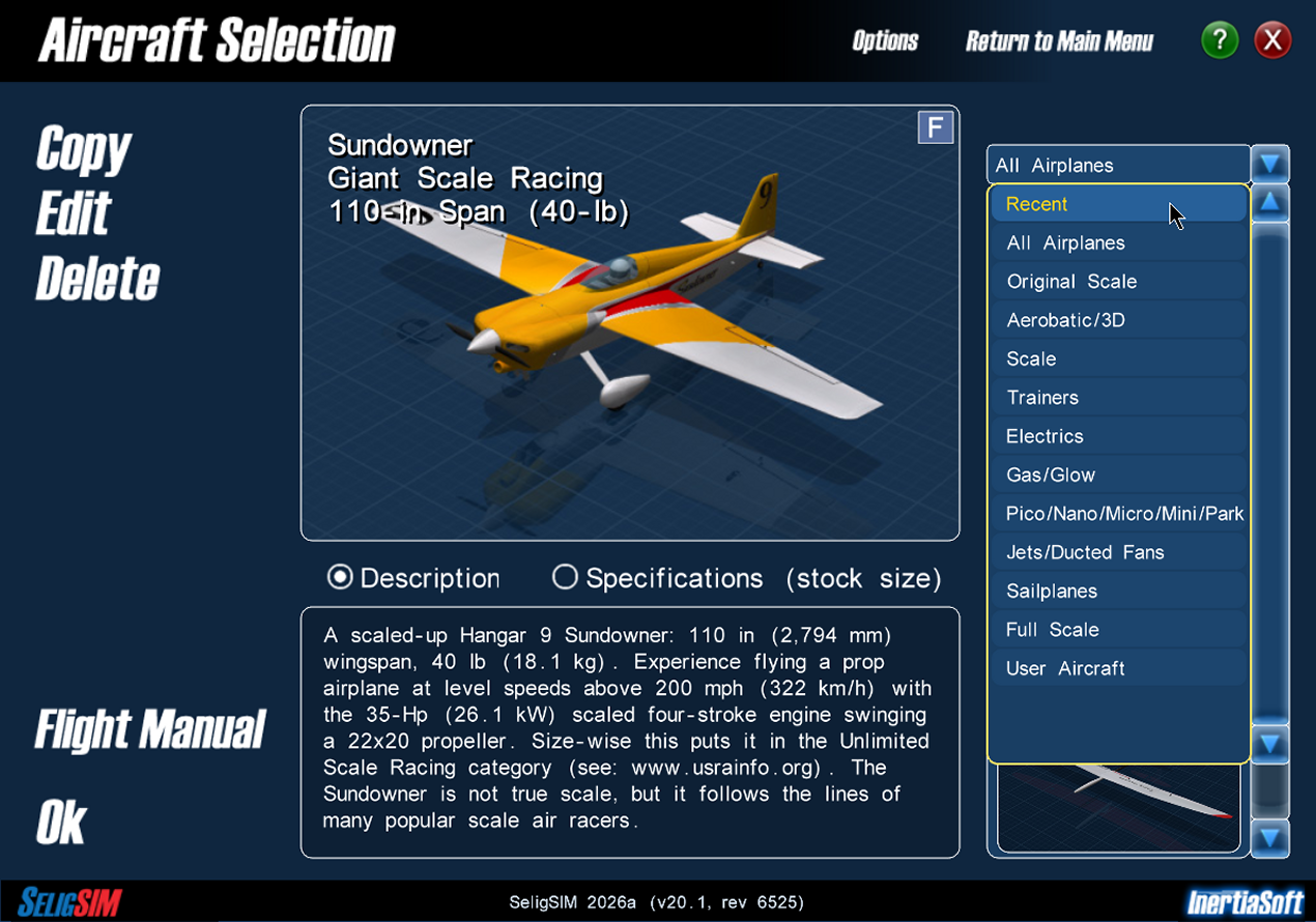 Image of the Aircraft Selection window with the category dropdown open and Recent in amber at the top of the list.