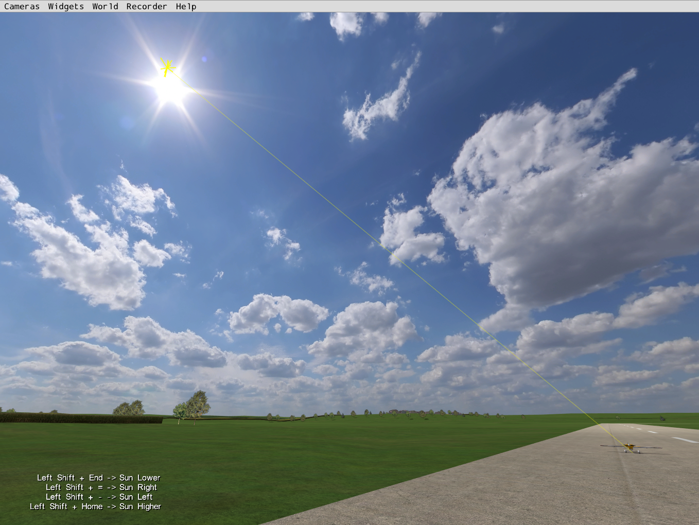 Image of the sun moved high in the sky with the sun ray rising from the airplane on the runway.