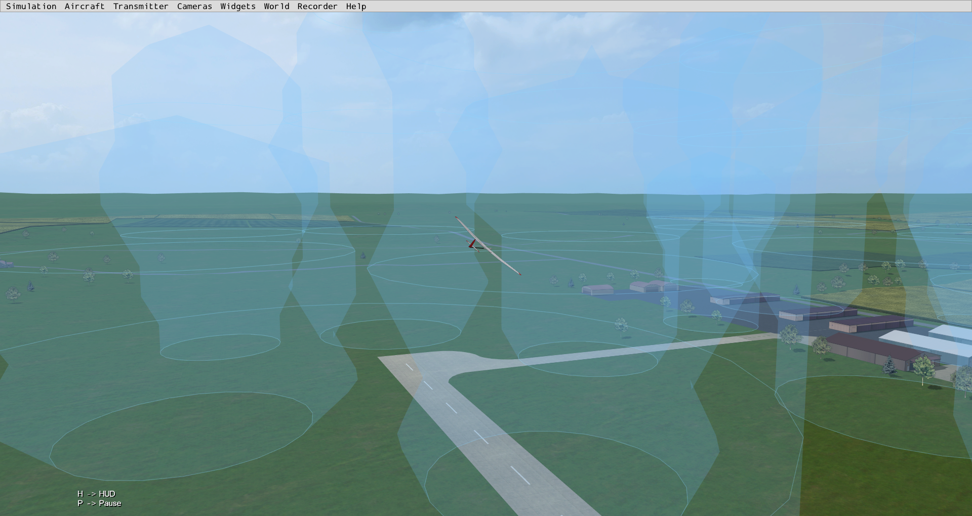 Image of thermals drawn as translucent columns over the Frasca Airport flying site, with a sailplane flying among them.
