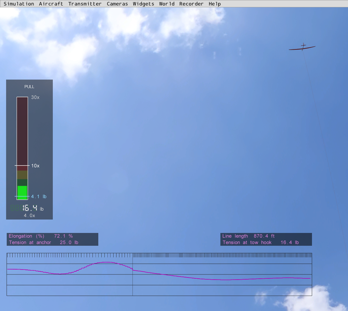 Image of the Tow Force bar and the Towline Tension Plot during a hi-start launch, about halfway up.