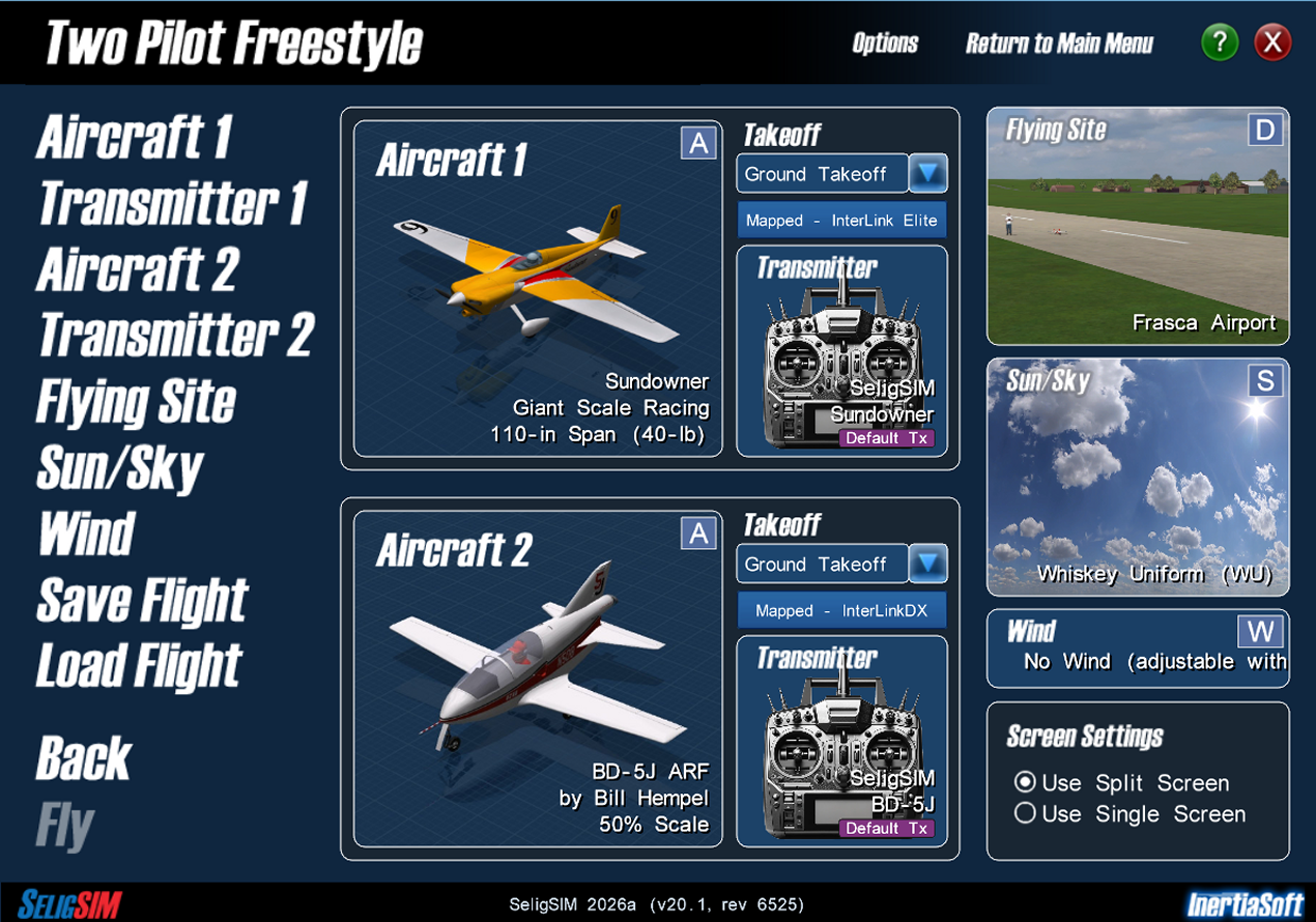 Image of the Two Pilot Freestyle window with a different mapped USB interface selected for each pilot.