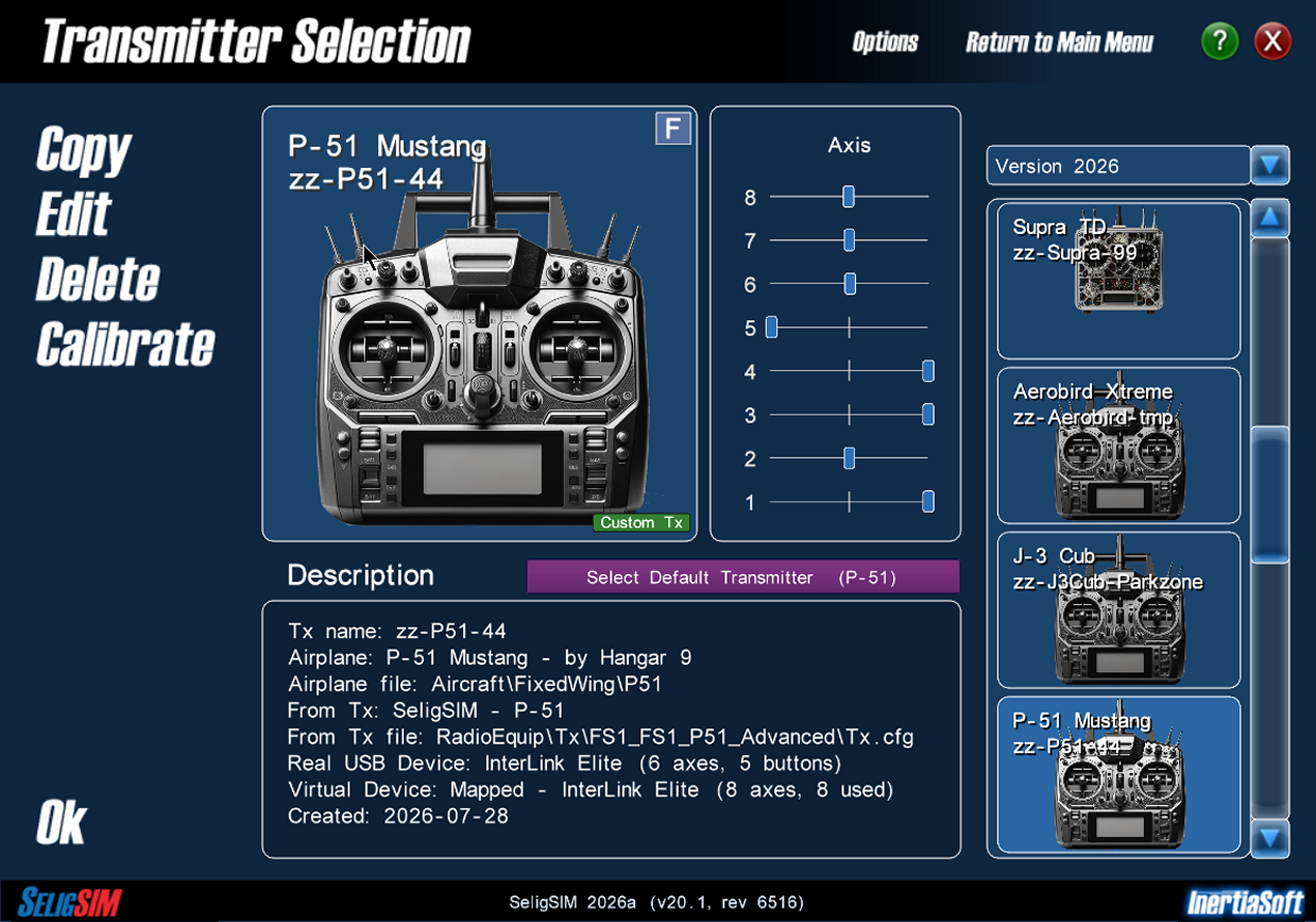Image of the Transmitter Selection Window with a custom transmitter selected, showing the green Custom Tx tag and the purple Select Default Transmitter button.