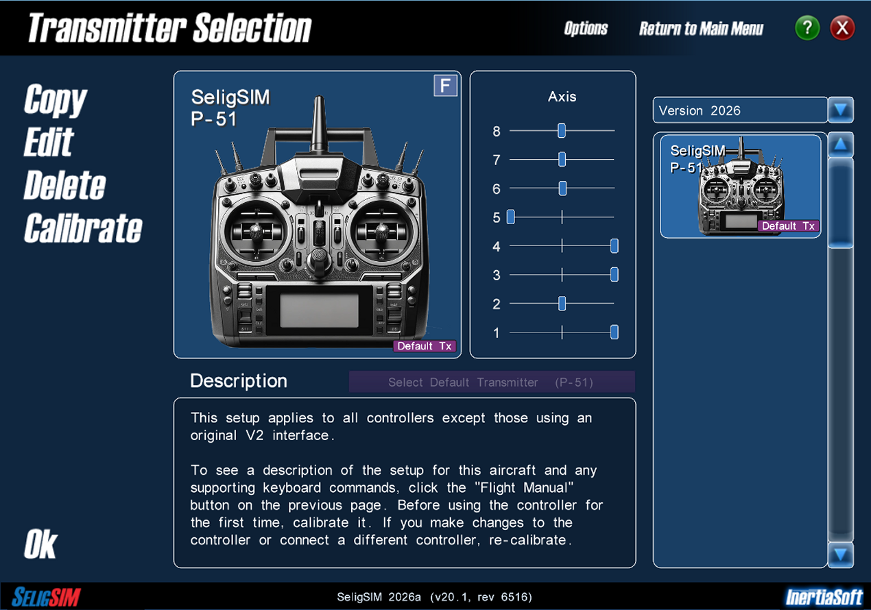 Image of the Transmitter Selection Window for a "Mapped - InterLinkDX" interface with the P-51's default transmitter selected. The same Tx icon style applies to an FS One V1 interface or your transmitter's own USB interface (non-V2).